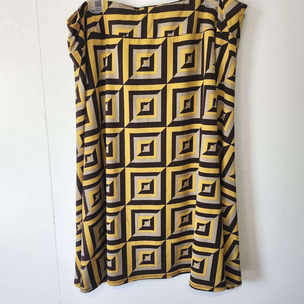 Cato 18/20W Geometric 70s Print Midi Skirt Yellow Black Pull On Stretch - Picture 3 of 8